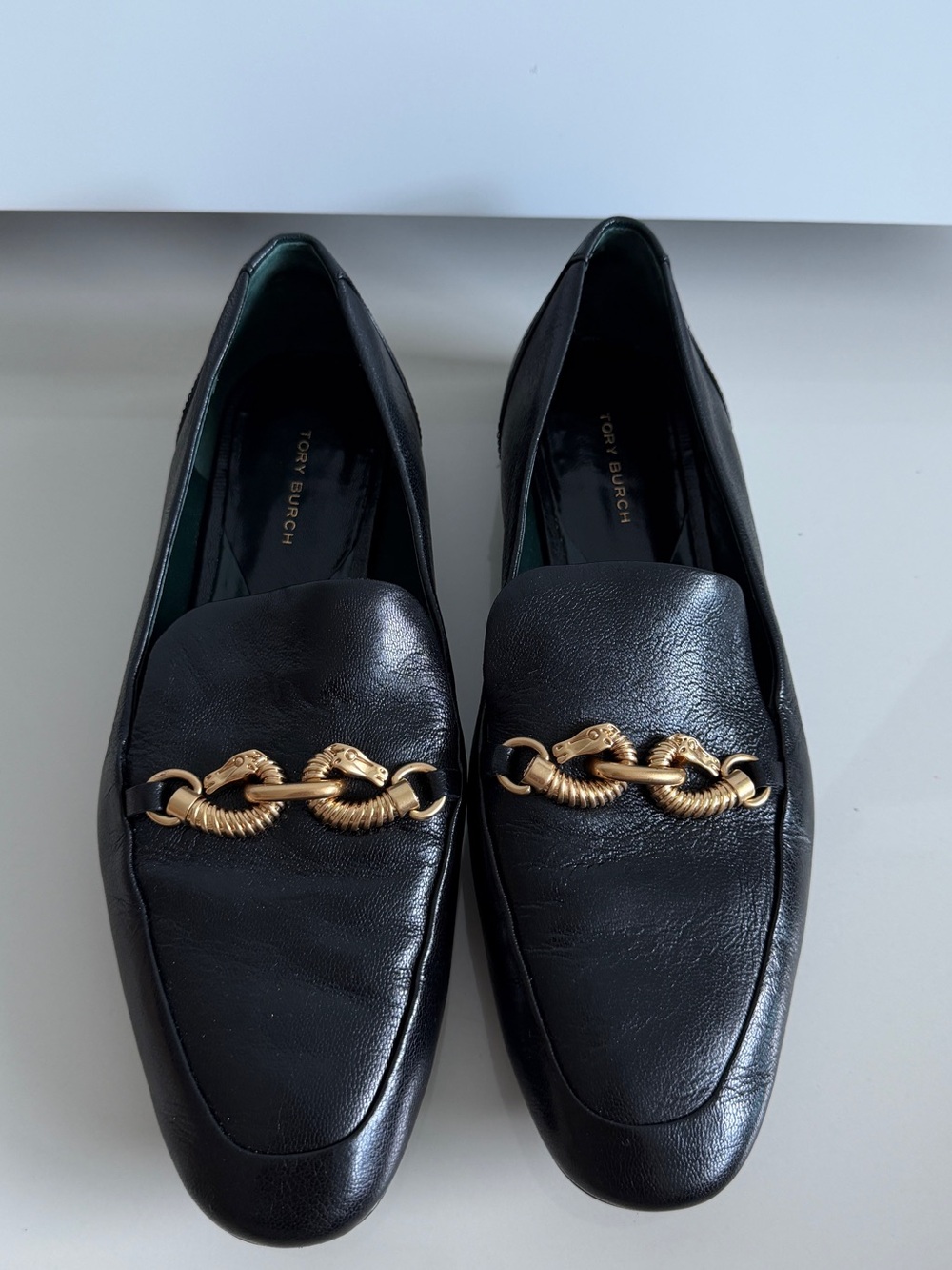 Tory Burch Black Leather Loafers with Gold Chain Detail